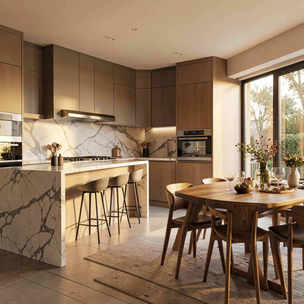 Cuisine moderne blanche avec îlot en quartz et luminaire suspendu, exemple d'aménagement haut de gamme