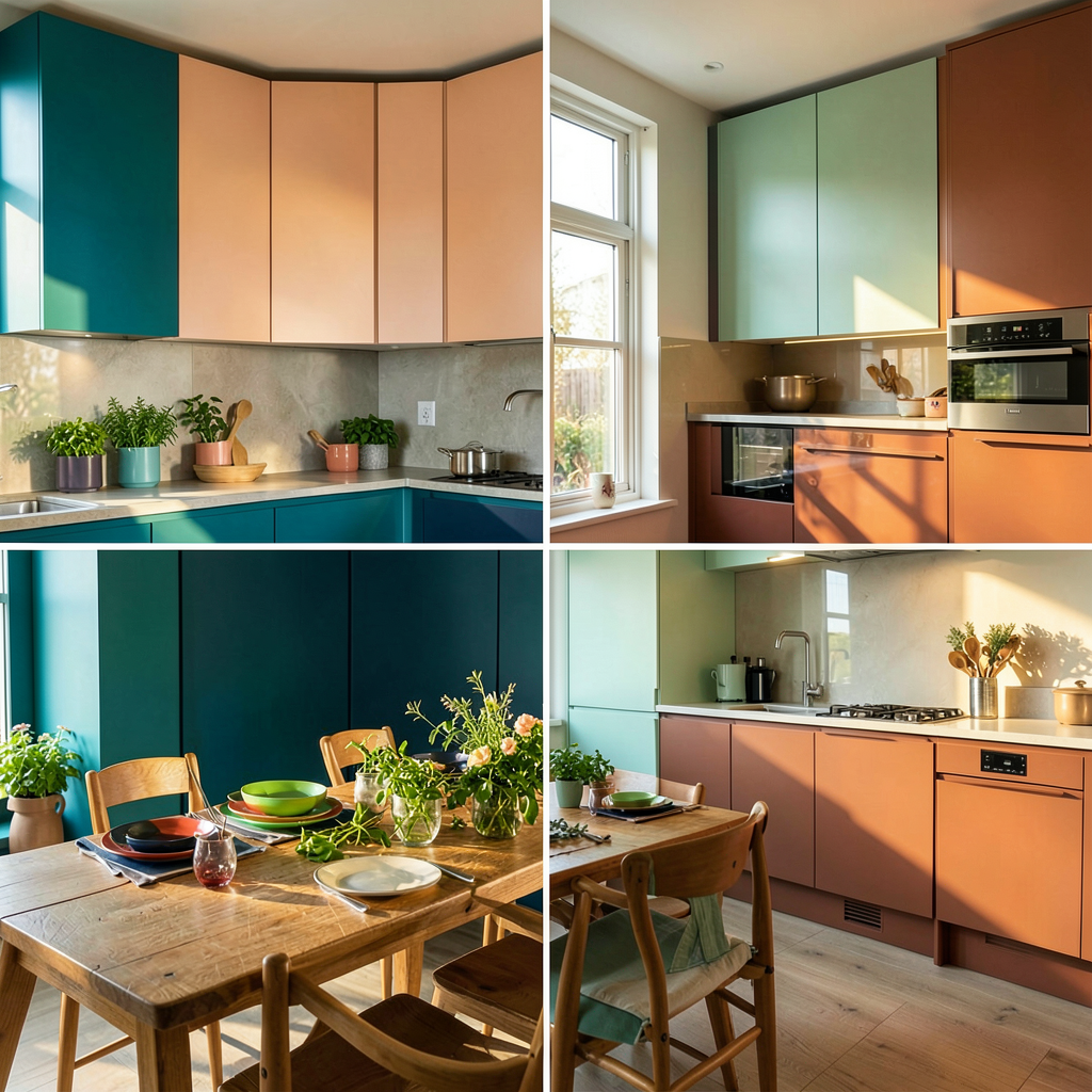 Cuisine moderne avec meubles vert sauge et plan de travail en bois, tendance couleur 2025