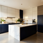 Cuisine moderne élégante avec façades bicolores bois et blanc, plan de travail épuré et éclairage intégré