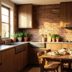 Cuisine moderne avec crédence en brique apparente, plan de travail en bois et îlot central chaleureux