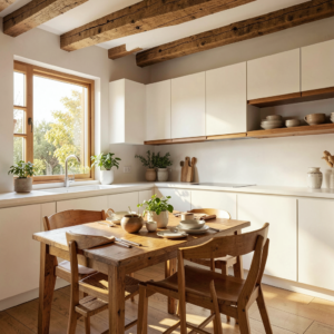 Cuisine blanche et bois moderne avec îlot central en chêne clair et crédence blanche mate