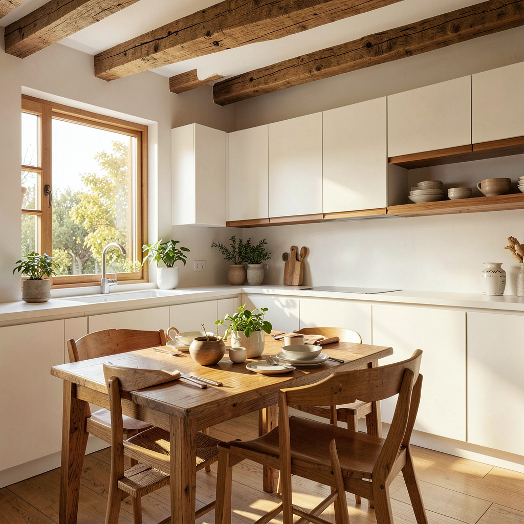 Cuisine blanche et bois moderne avec îlot central en chêne clair et crédence blanche mate