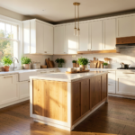 Cuisine blanche et bois moderne avec îlot central en chêne clair et meubles blancs épurés