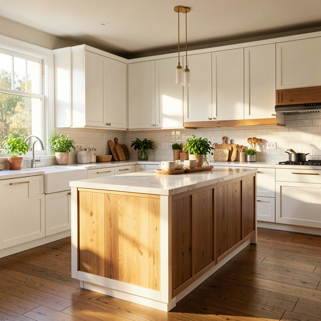 Cuisine blanche et bois moderne avec îlot central en chêne clair et meubles blancs épurés