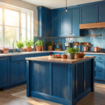 Cuisine avec meubles bleu canard, plan de travail en bois clair et crédence carrelée blanche — inspiration déco cuisine bleue