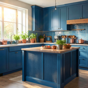 Cuisine avec meubles bleu canard, plan de travail en bois clair et crédence carrelée blanche — inspiration déco cuisine bleue