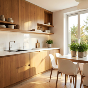 Cuisine équipée bois et blanc avec armoires laquées et plan de travail en bois naturel clair