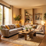 Cuisine champêtre chic avec meubles vert sauge et plan de travail en bois brut