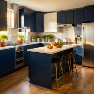 Cuisine en L moderne avec façades bois et plan de travail blanc, agencement ouvert sur salon