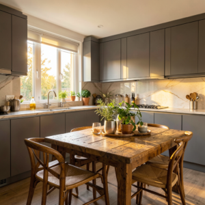 Cuisine grise moderne avec îlot central en bois clair et luminaires suspendus, ambiance chaleureuse