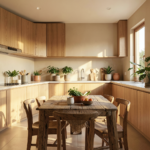 Cuisine Japandi avec façades en bois clair, plan de travail en céramique beige et étagères épurées