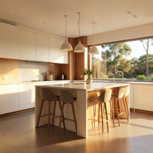 Cuisine minimaliste lumineuse avec vue sur jardin, façades bois clair et crédence beige