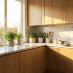 Cuisine minimaliste lumineuse avec plan de travail épuré, façades blanches et rangements ouverts en bois naturel.