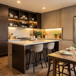 Cuisine moderne ouverte avec façades bois foncé et plan de travail beige épuré