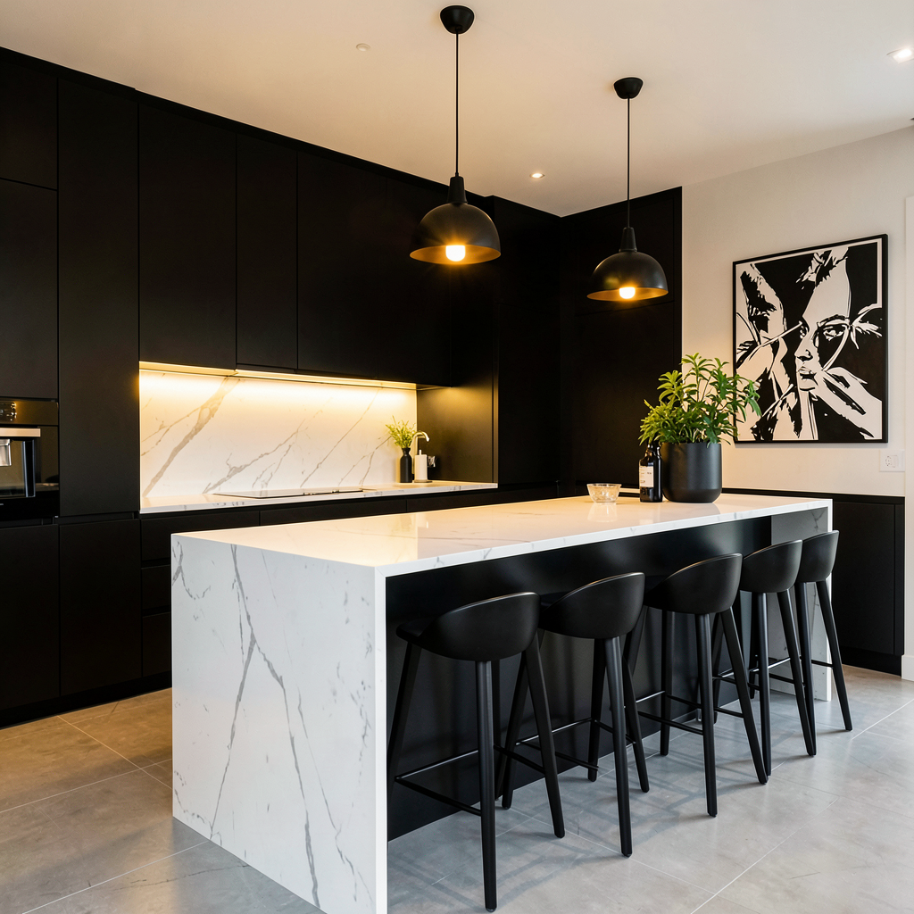 Cuisine moderne noir et blanc avec îlot central, façades mates et plan de travail en marbre.