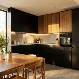 Cuisine moderne avec façades noires et plan de travail en bois naturel, éclairage chaleureux au-dessus de l'îlot central.