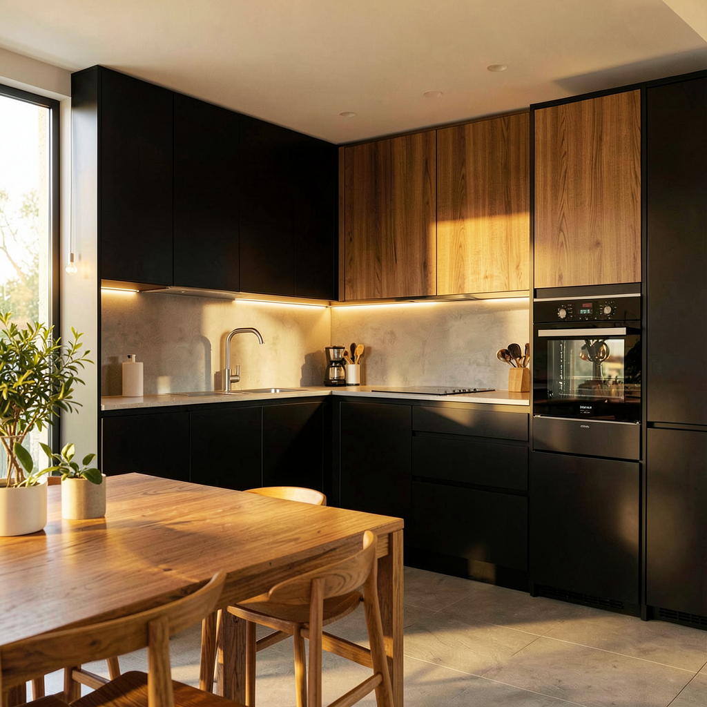 Cuisine moderne avec façades noires et plan de travail en bois naturel, éclairage chaleureux au-dessus de l'îlot central.