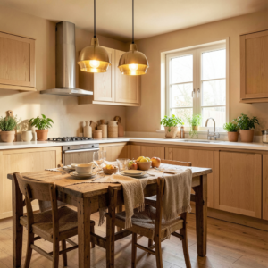 Cuisine ouverte neutre avec façades beige, plan de travail en bois clair et verrière lumineuse