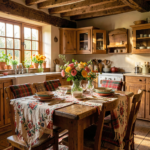 Cuisine style cottage anglais avec meubles en bois peint blanc cassé, évier Belfast et faïences fleuries