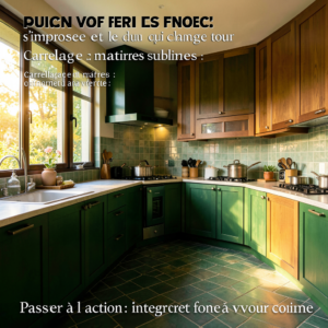 Cuisine vert foncé et bois avec carrelage crème et poignées dorées, ambiance naturelle et chaleureuse