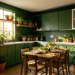Cuisine vert forêt avec façades en bois peint et plan de travail en marbre blanc, idée déco cuisine moderne