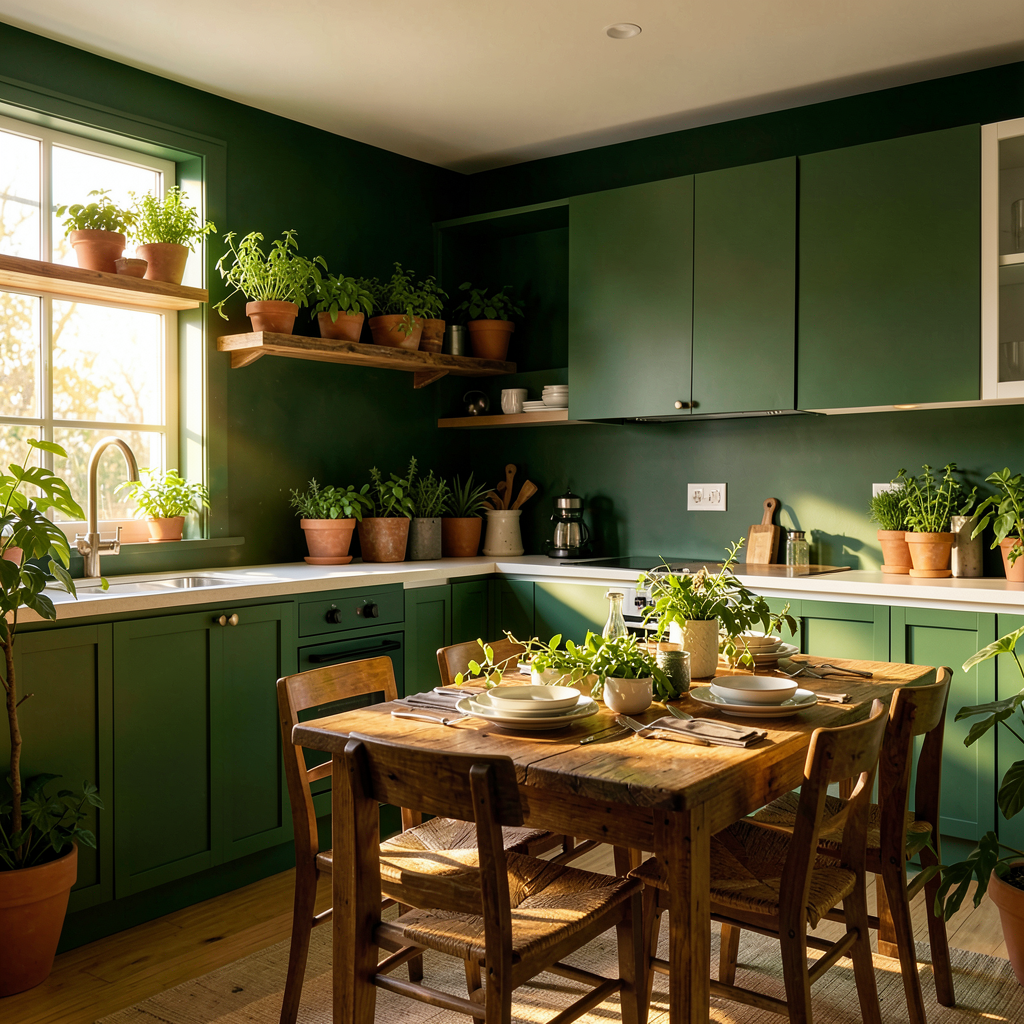 Cuisine vert forêt avec façades en bois peint et plan de travail en marbre blanc, idée déco cuisine moderne