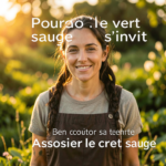 Cuisine moderne avec façades vert sauge, plan de travail en bois clair et étagères ouvertes, idée décoration cuisine apaisante.