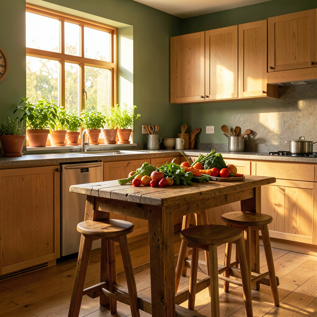 Cuisine vert sauge et bois clair avec crédence en carrelage métro et plan de travail en pierre naturelle