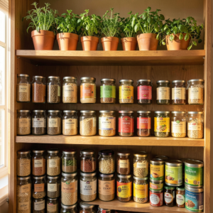 Cellier bien organisé avec étagères en bois, paniers et bocaux étiquetés pour un rangement garde-manger fonctionnel