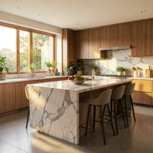 Îlot de cuisine XXL en bois naturel avec plan de travail en quartz blanc et éclairage suspendu design