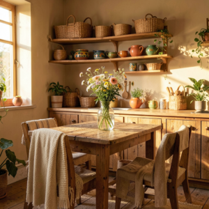 Petite cuisine bohème chic avec étagères en bois, tons beige et paniers tressés