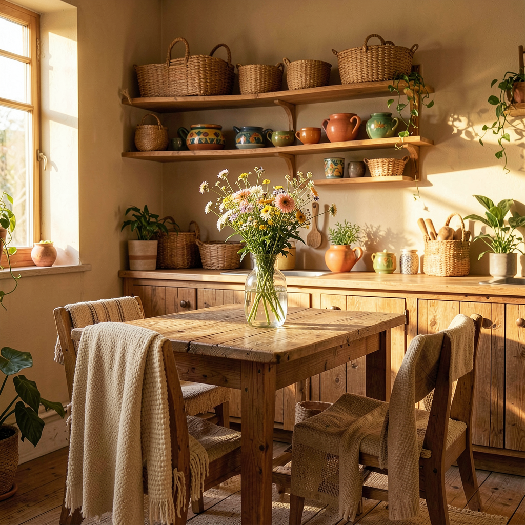 Petite cuisine bohème chic avec étagères en bois, tons beige et paniers tressés