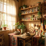 Petite cuisine boho avec étagères en bois, paniers tressés et plantes vertes dans un appartement studio