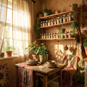 Petite cuisine boho avec étagères en bois, paniers tressés et plantes vertes dans un appartement studio