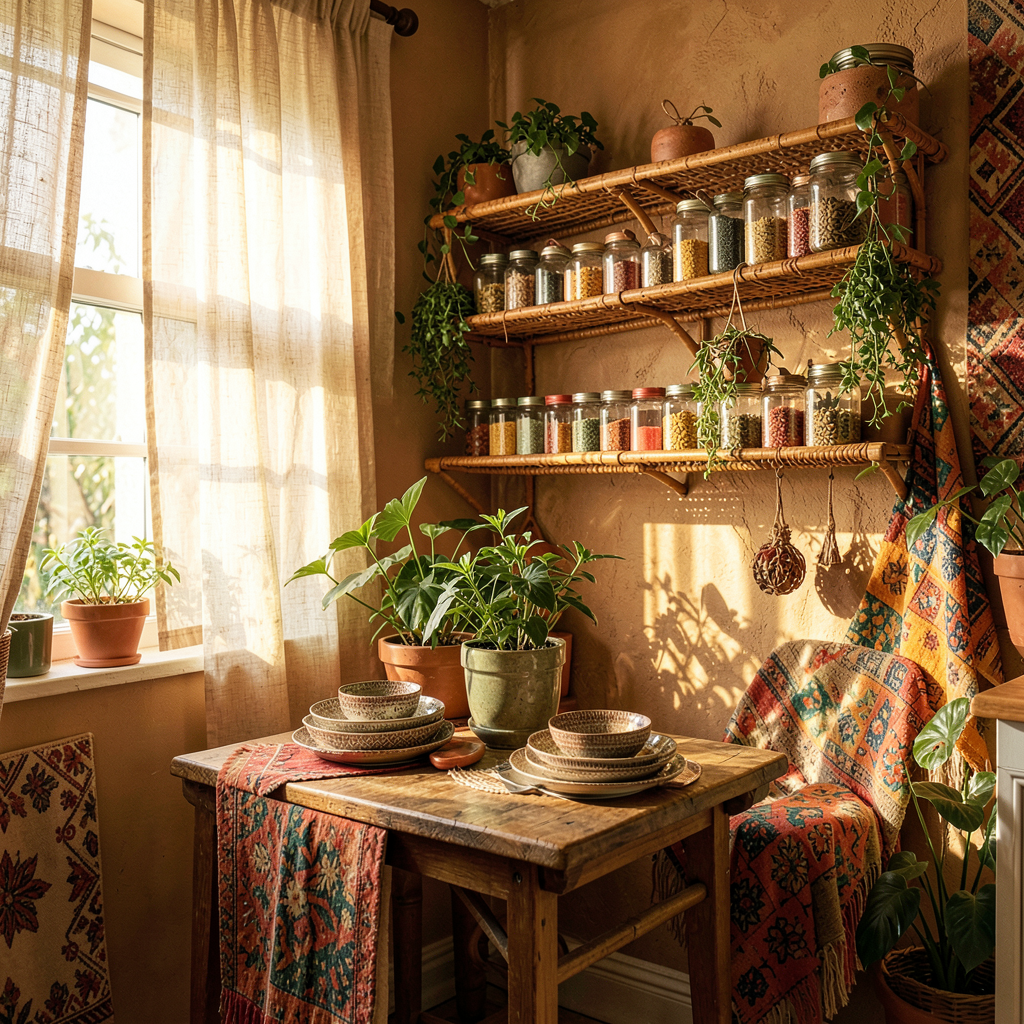 Petite cuisine boho avec étagères en bois, paniers tressés et plantes vertes dans un appartement studio
