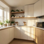 Petite cuisine minimaliste en bois clair avec plan de travail blanc et rangements intégrés dans un studio