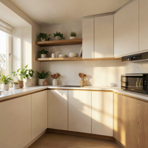 Petite cuisine minimaliste en bois clair avec plan de travail blanc et rangements intégrés dans un studio