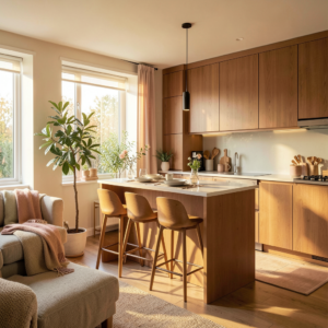 Petite cuisine ouverte sur salon avec façades graphite et plan de travail chêne dans un appartement parisien