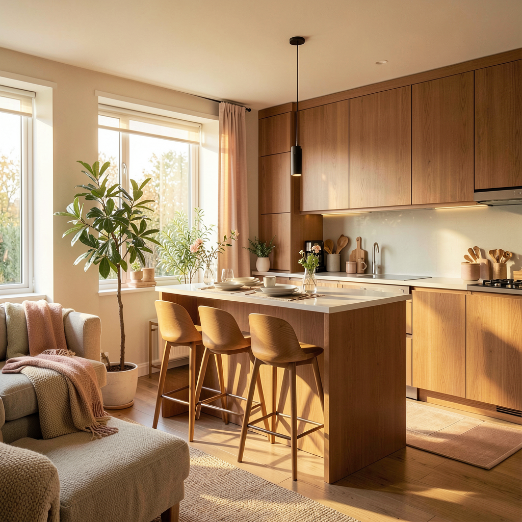 Petite cuisine ouverte sur salon avec façades graphite et plan de travail chêne dans un appartement parisien