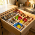 Tiroir de cuisine bien organisé avec séparateurs et ustensiles rangés par catégorie