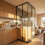 Verrière intérieure en bois naturel séparant une cuisine ouverte sur salon dans un petit appartement lumineux.