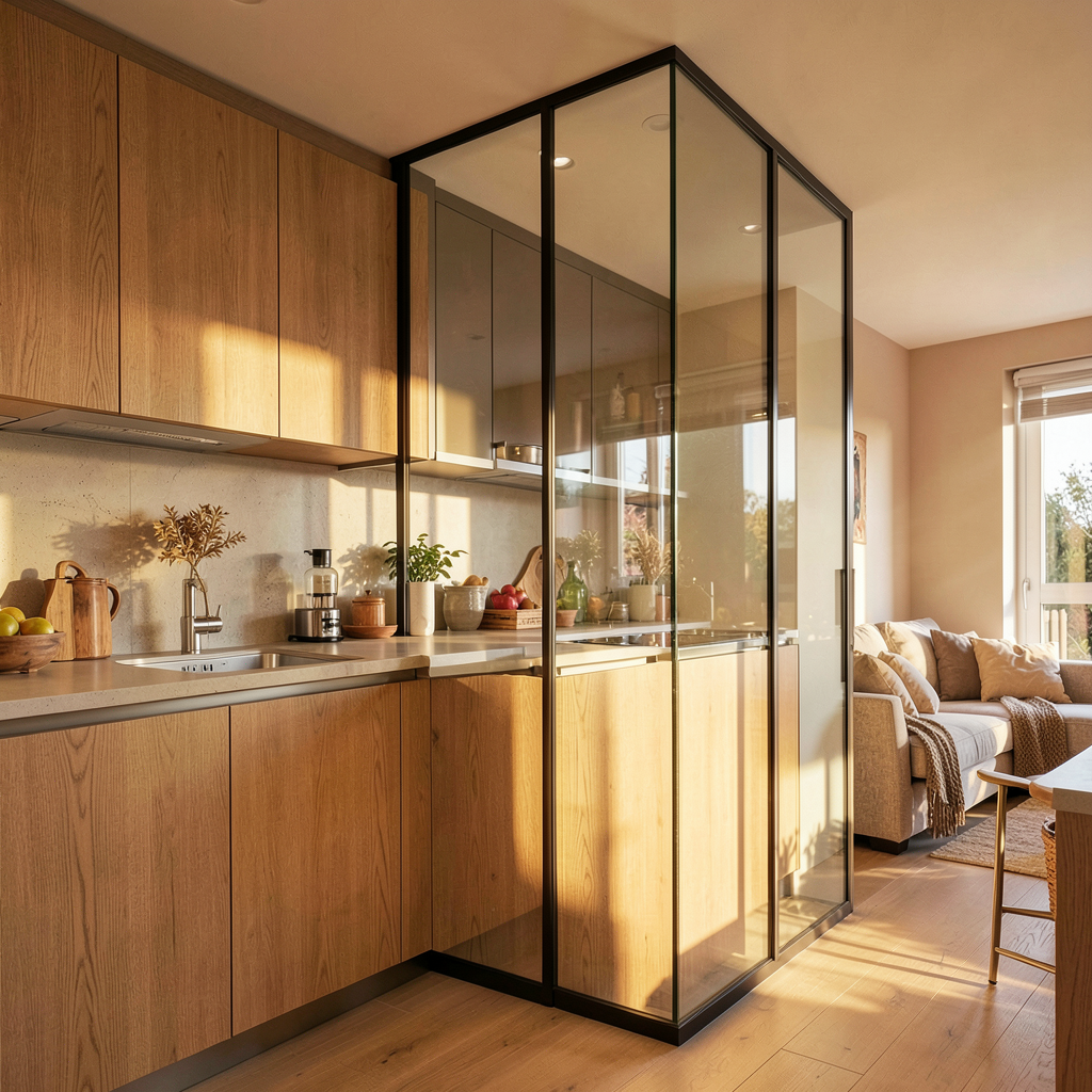 Verrière intérieure en bois naturel séparant une cuisine ouverte sur salon dans un petit appartement lumineux.