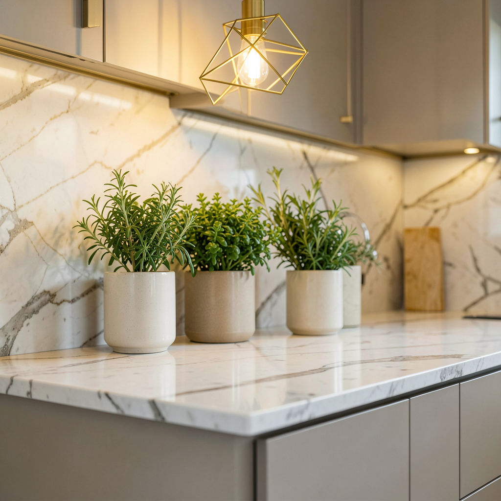 Détail d'un comptoir waterfall en quartz dans une cuisine aménagée au style contemporain et épuré