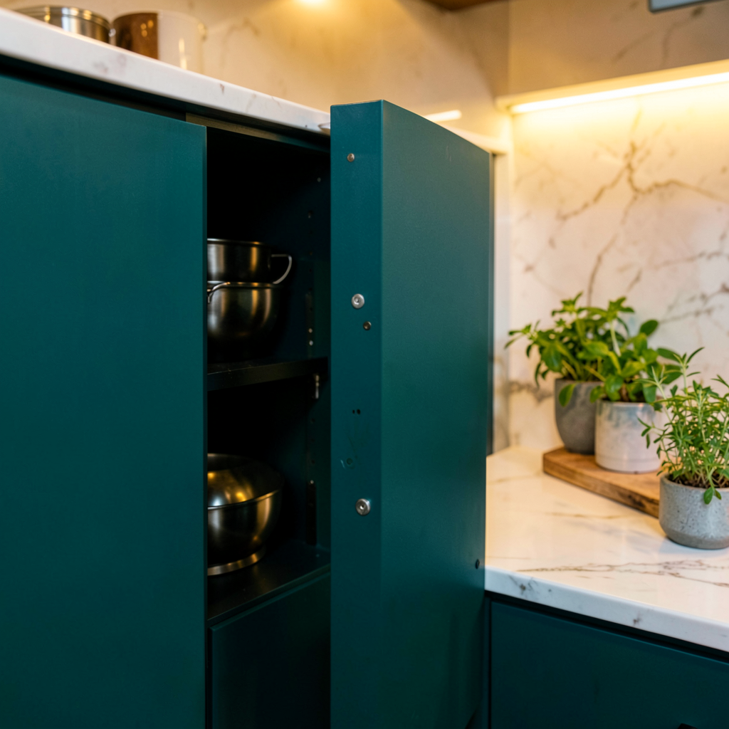 Cuisine ouverte avec îlot central et façades bleu lagon, style sobre et moderne