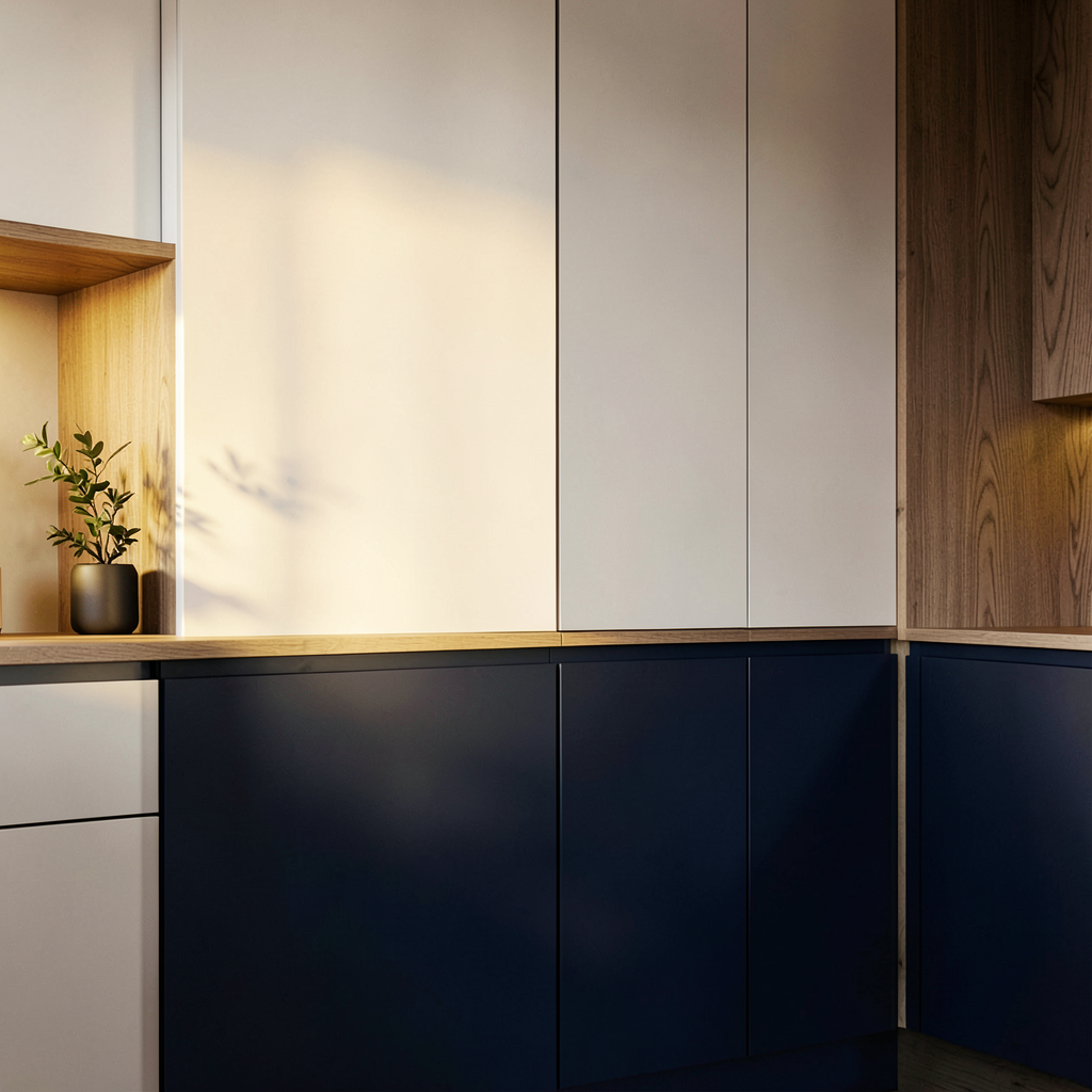 Détail d'une cuisine minimaliste tendance 2025 avec rangements mur complet et touches naturelles en bois