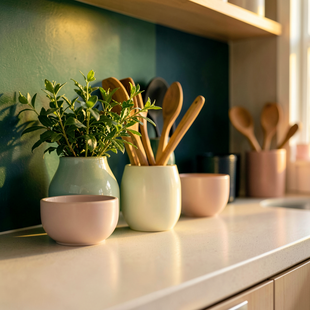 Cuisine lumineuse 2024 avec meubles vert sauge et plan de travail bois naturel