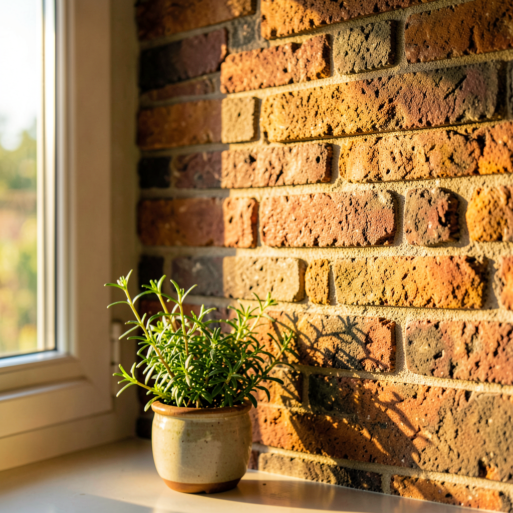 Détail d'une crédence en brique dans une cuisine noyer et beige avec comptoir en travertin
