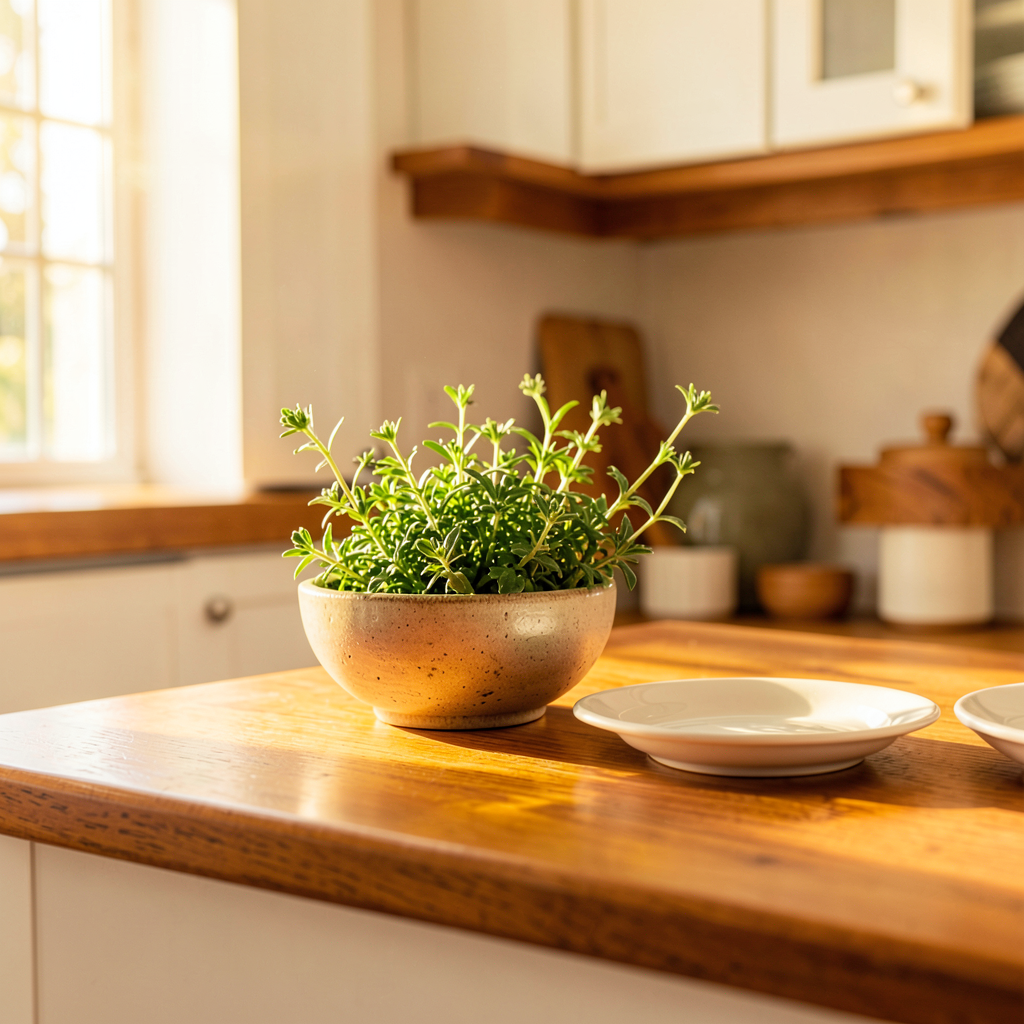 Cuisine ouverte blanche et bois avec vue sur salon, plan de travail bois naturel et luminaires dorés