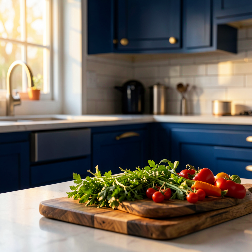 Détail d'une façade de meuble cuisine en bleu poudré avec poignées laiton, idée déco cuisine colorée