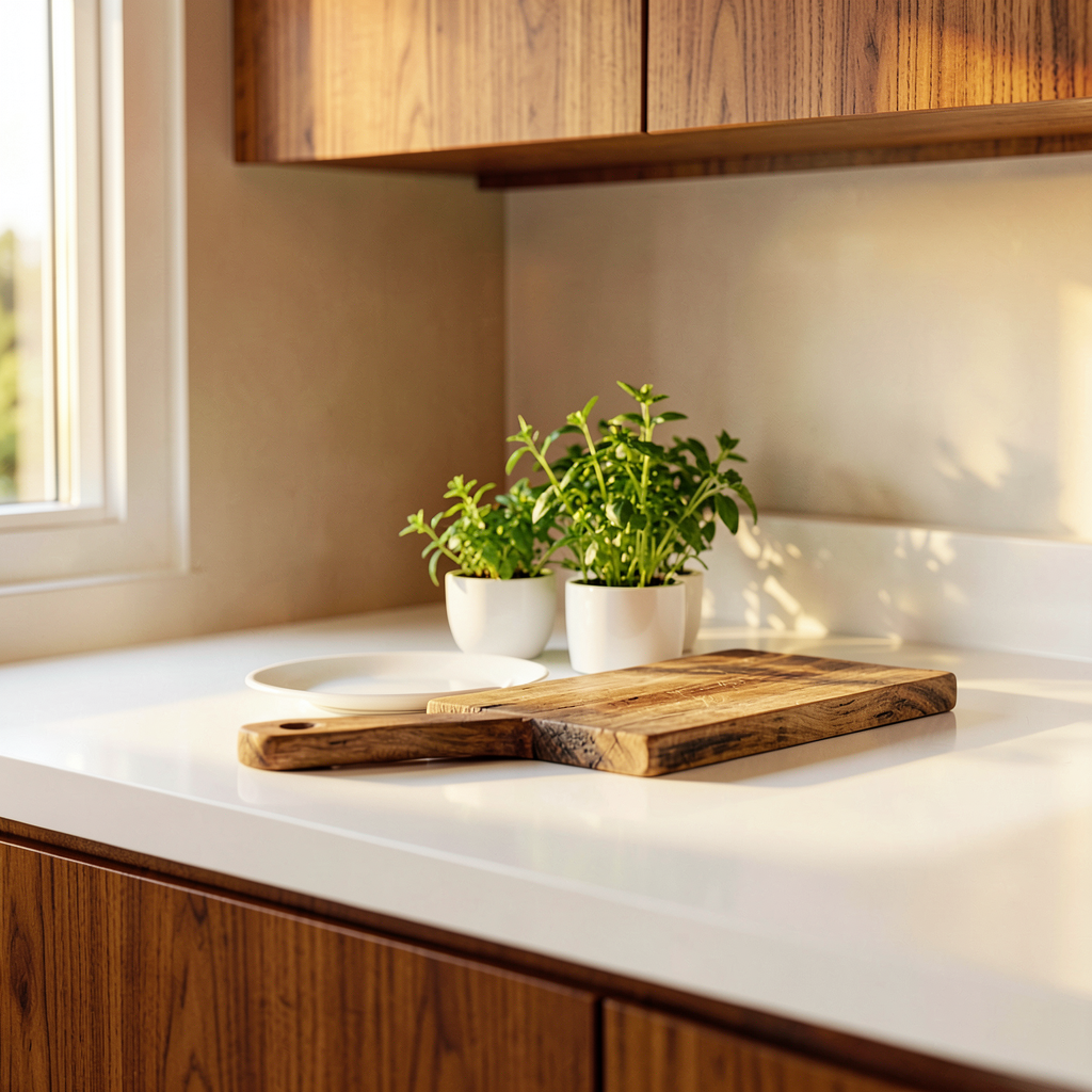 Détail d'une cuisine bois blanc moderne avec crédence en carrelage et façades en bois chêne